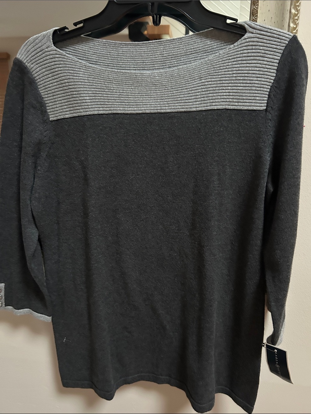 Karen Scott Two-Tone Gray Rib Yoke Sweater